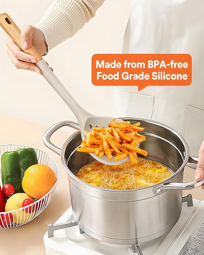 Kitchen Ladle Strainer, Large Slotted Spoon with High Heat Resistant BPA Free, Non Stick Cooking Skimmers For Draining & Frying, 13.2inch (Khaki & Blue)