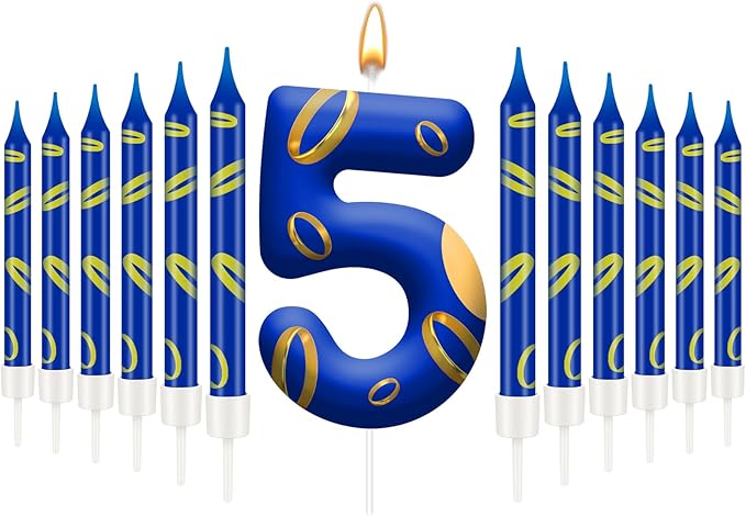13PCS Birthday Cake Candles Set - Blue and Golden Ring Number Candles with Vibrant Designs for Boys & Girls, Theme Birthday Party Decorations, Cake Toppers for Theme Parties(Number 5)