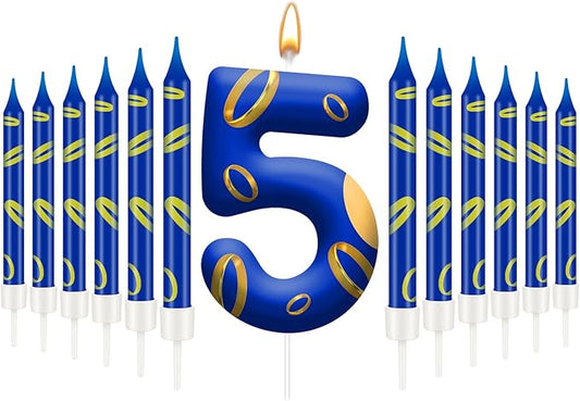13PCS Birthday Cake Candles Set - Blue and Golden Ring Number Candles with Vibrant Designs for Boys & Girls, Theme Birthday Party Decorations, Cake Toppers for Theme Parties(Number 5)