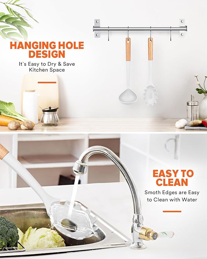 Pasta Fork and Ladle Set, Perfect for Serving Hot Soup, Stirring, and Sauce Pasta, BPA-Free Matte Silicone, Wood Handle Spaghetti Spoon for Nonstick Cooking Surfaces (White)