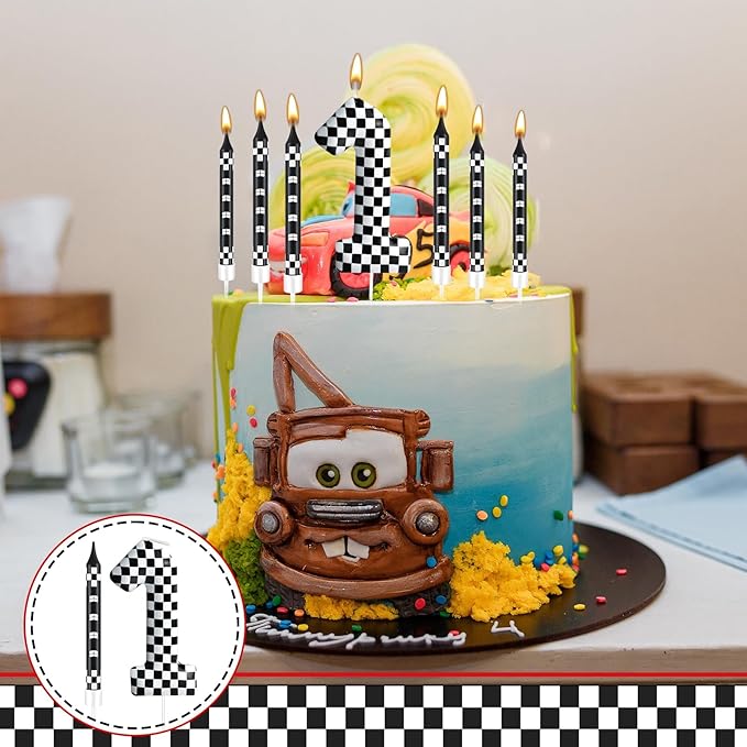 13 Pcs Racing Cars Themed Birthday Candles Black and White Race Number 1 Checkered Candle Cake Topper for Racing Car Party Decoration Supplies (Number 1)