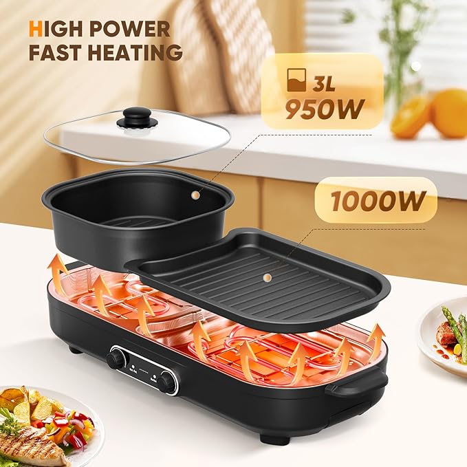 Electric Hot Pot with Grill, 2 In 1 Indoor Non-Stick Barbecue Shabu Hot Pot with Dual Temperature Control, Detachable Hot Pot and Baking Tray, Smokeless Shabu Korean BBQ Grill