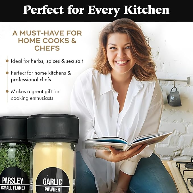 Glass Spice Jars & Measuring Cap Set - Twist to Dispense 1/4 Tsp Per Turn for Precise Cooking - Glass Jars with Lids Keep Kitchen Organized & Tidy - Enjoy Round Spice Jar Without Mess-12Pack