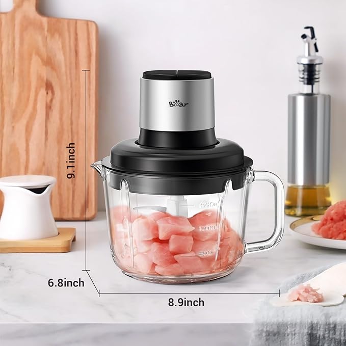 Bear Food Processor, Electric Food Chopper with 8 Cup/2L Handheld Glass Bowls, No-Hole 4 Bi-level Stainless Steel Blades for Easy Cleaning, 2 speed 250W Power Motor Grinder for Meat, and Baby Food