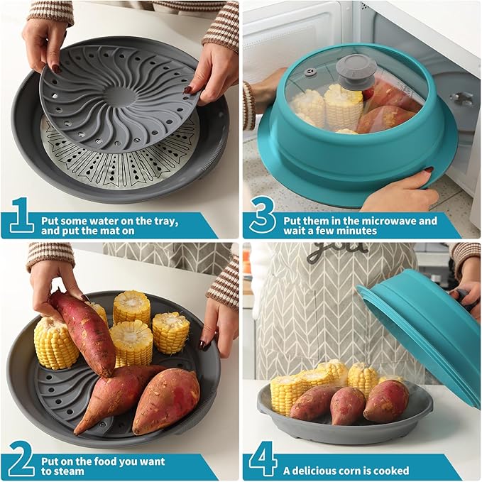 Microwave Splatter Silicone Cover Collapsible Steamer, Vented Multifunction Splash Lid with Glass Dish Bowl Plate for Food Cooking Bacon Maker, Dishwasher Safe BPA-Free 10.5 inch Cookware Set