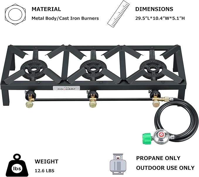 Propane Triple Burner Angle Iron Camp Stove with CSA Listed Regulator and 4ft Hose (SA3200)