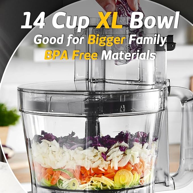 14-Cup French-Fry-Cutter Large Food-Processors - Large Feed Chute, Grey Color, Cheese Shredding, Meat Chopping, Shredding and Slicing, Mixing and Doughing, for Home Use