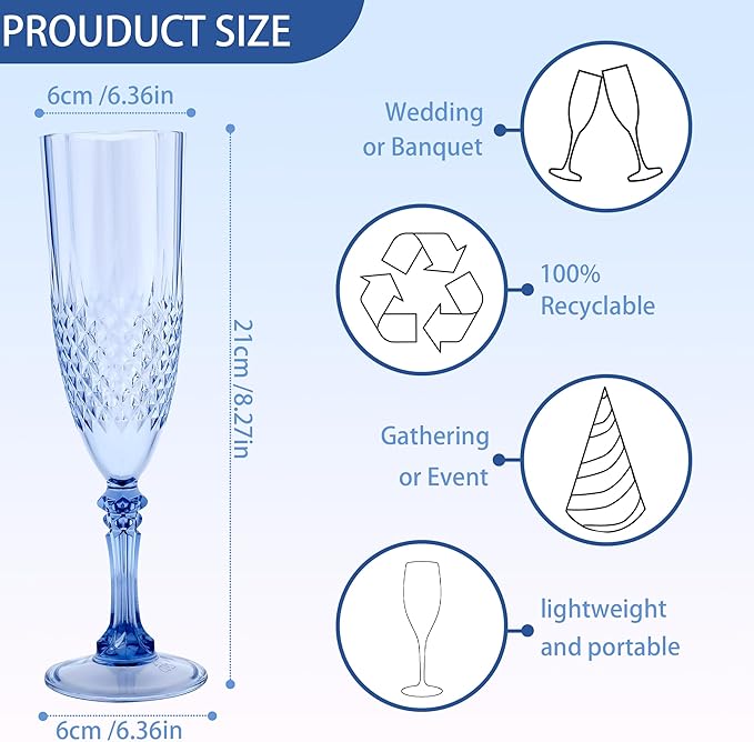 Plastic Champagne Flutes, 48PCS Blue Plastic Wine Glasses Goblets Reusable Champagne Flute for Weddings, Bachelor Parties, Toasting, and Events (48, Blue)