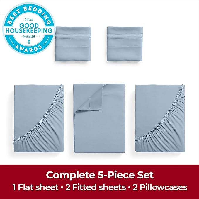 Mellanni Extra Deep Split King Sheets - 5 PC Iconic Collection Bedding - Luxury, Ultra Soft, Cooling Bed Sheets - Wrinkle, Fade, Stain Resistant (Split King, Blue Hydrangea)