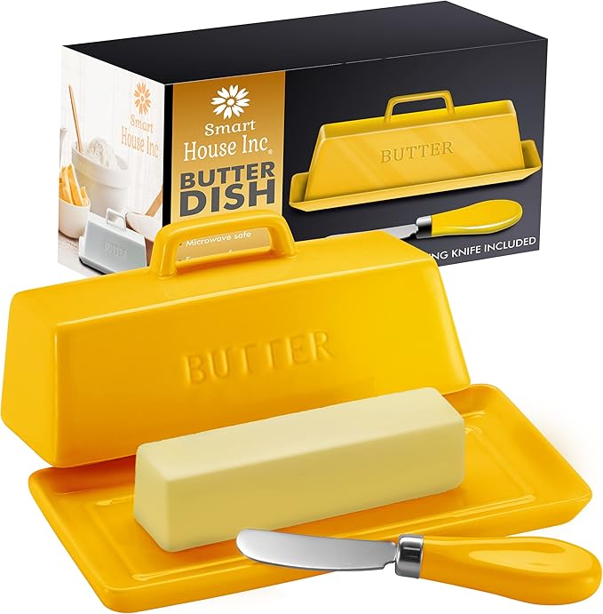Ceramic Butter Dish Set with Lid and Knife - [Yellow]- Decorative Butter Stick Holder with Handle for 1 Stick of Butter - Microwave Safe, Dishwasher Safe - Anti-Scratch Stickers Included