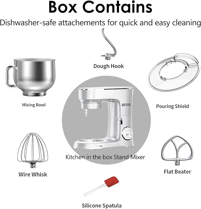 Kitchen in the Box Stand Mixer, 900W 8.5 QT Kitchen Electric Mixer, 10-Speed Large Capacity Tilt-head Food Mixer with Dough Hook, Wire Whip, Flat Beater & Splash Guard (White)