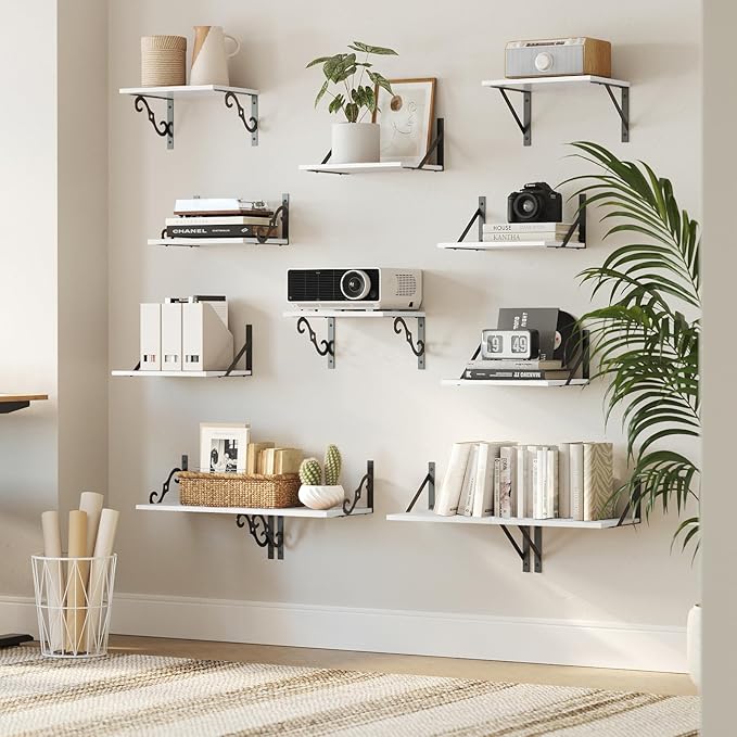 DINZI LVJ Deep Floating Shelves, 16" W x 12" D Wall Shelves Set of 2, Wide Display Shelf Wall Mounted with Brackets, Easy-to-Install Wall Bookshelf for Living Room, Bathroom, Bedroom, White