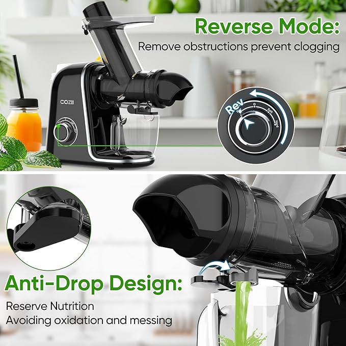 COZII Cold Press Juicer,Slow Masticating Juicer Extractor Soft/hard Mode & Quiet Motor,3.6 Inch Large Feed Chute For Vegetable and Fruit,Easy to Clean Juicer Machines,Dishwasher Safe,High Juice Yield