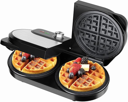 YASHE Double Waffle Maker 6 Inch, 1400W Belgian Waffle Maker for Breakfast and Snacks, Stainless Steel Waffle Iron with Nonstick Plates, Temperature Knob, Cool-Touch Handles