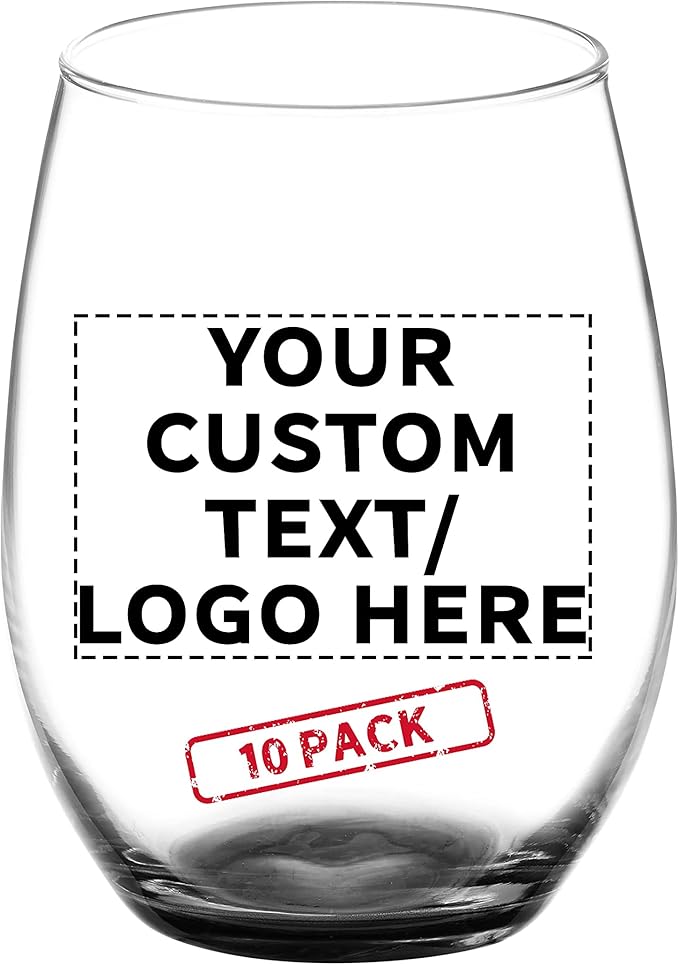 DISCOUNT PROMOS 10 ARC Stemless Wine Glasses Set, 21 oz. - Customizable Text, Logo - Chardonnay, Cabernet, Merlot, Sauvignon - Black