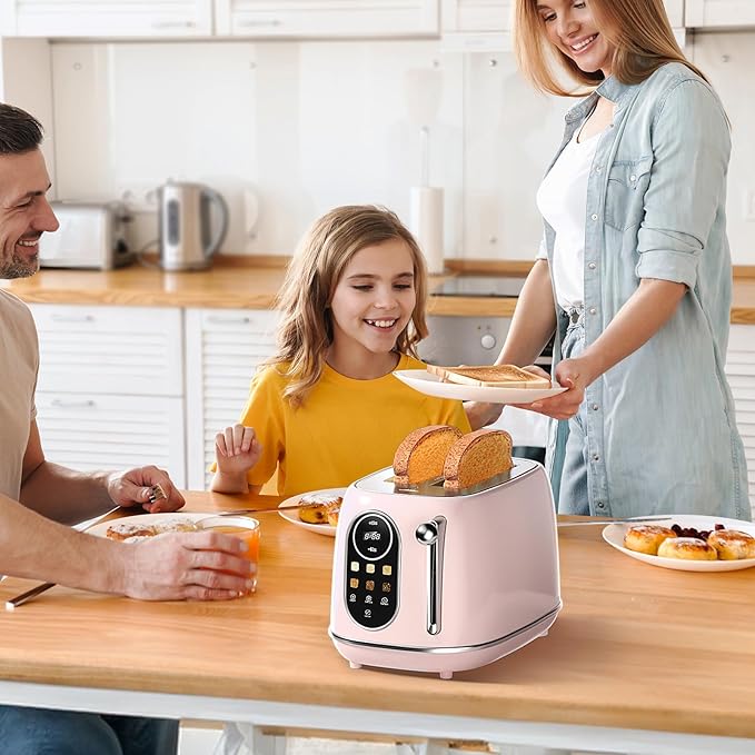 Keenstone Smart Touch Screen Toaster 2 Slice, Retro Wide Slot Stainless Steel Toaster with 6 Browning Levels, Reheat & Defrost, for Bagel, Toast, Bread, Removable Crumb Tray, Pink