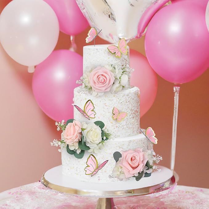 Rinlong 3Pcs Pre-made Blush Pink Cake Flowers Decorations Flower Cake Topper Butterfly Cake Decorating Flowers for Wedding Sweet 16 Birthday Girl