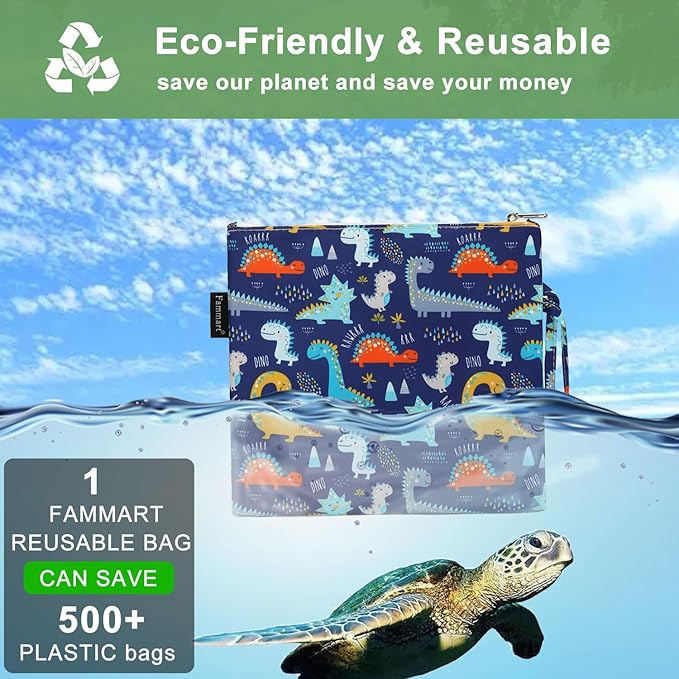 Reusable Sandwich Bag/Snack Bag for Kids & Adults, Dual Layer Lunch Bag with Handle, Cosmetic Bag Makeup Travel Bag for Women Girls, Washable, Food Safe, BPA Free (1-Pack, Dinosaur)