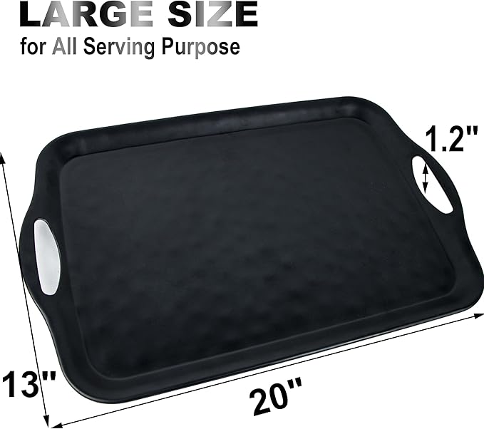 Extra Large Serving Tray with Handles, 20x13 inch, Set of 2 Melamine Platters for Serving Food, Turkey, Cookie, Rectangular Trays for Eating, Raised Dots Matt Finished, Dishwasher Safe, Black