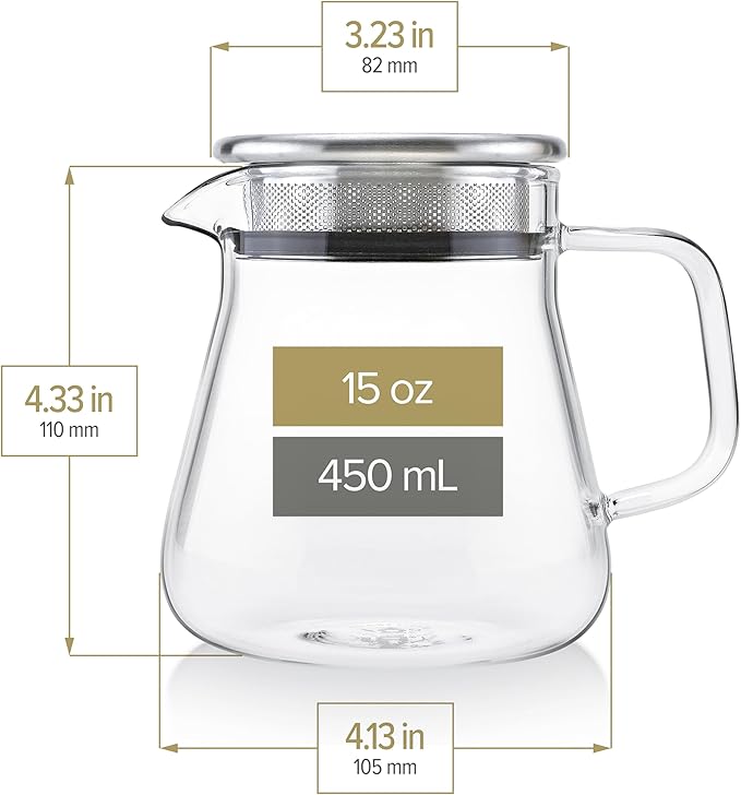 Teabloom One-Touch Tea Maker, 2-in-1 Teapot and Kettle with Stainless Steel Filter Lid for Loose Tea – Stain-free Borosilicate Glass Tea Pot (15 Oz) – Tea Connoisseur's Choice