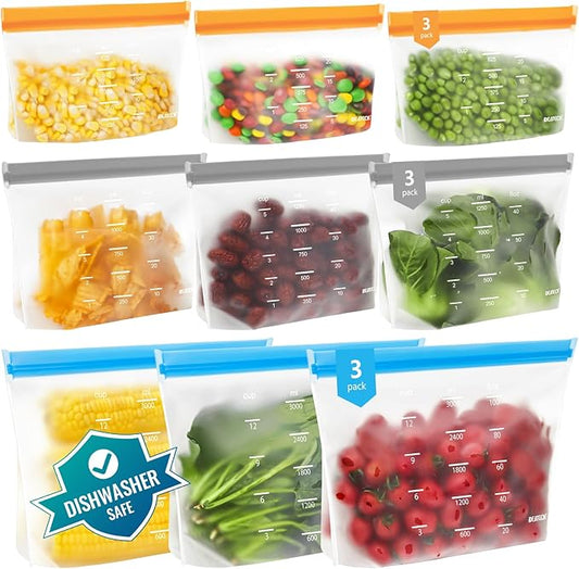 Dishwasher Safe Reusable Storage Bags Stand Up - BPA Free Reusable Sandwich Bags - Leakproof Gallon Freezer Bags, Silicone Food Storage Bags - Multicolor 3 Gallon + 3 Sandwich + 3 Snack Bags