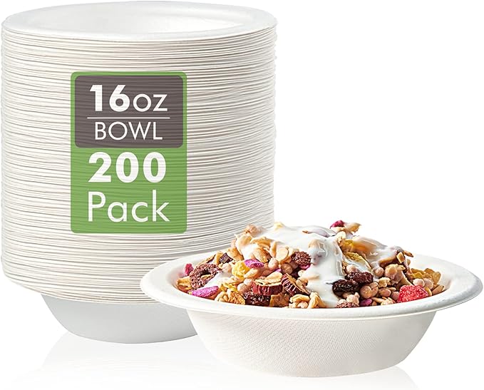 Vplus 200 Pack 16 OZ Paper Bowls, Disposable Compostable Bulk, Eco-friendly Bagasse, Heavy-duty Bowls Perfect for Milk Cereals, Snacks, Salads