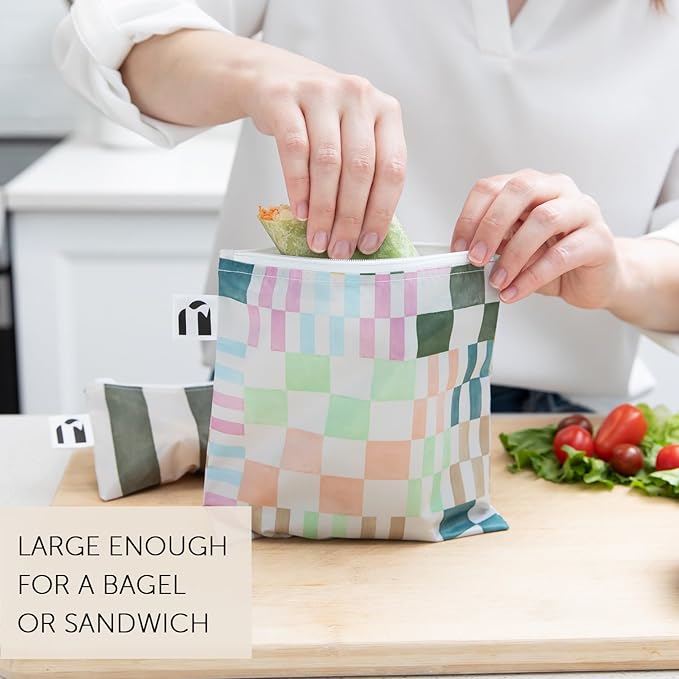 Roamio Reusable Sandwich and Snack Bags, for Kids School Lunch and for Adults Portion, Washable Fabric, Waterproof Cloth Zip Bag, Pack Travel Pouch, Food-Safe, 4-pack Set Green Stripe and Multi Check