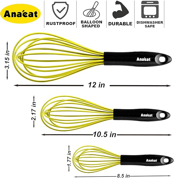 Anaeat Silicone Whisk, Thick Stainless Steel Wire Inner Heat Resistant - Kitchen Whisks for Non-Stick Cookware, Balloon Egg Beater for Whisking, Blending, Beating, Frothing & Stirring (Yellow)