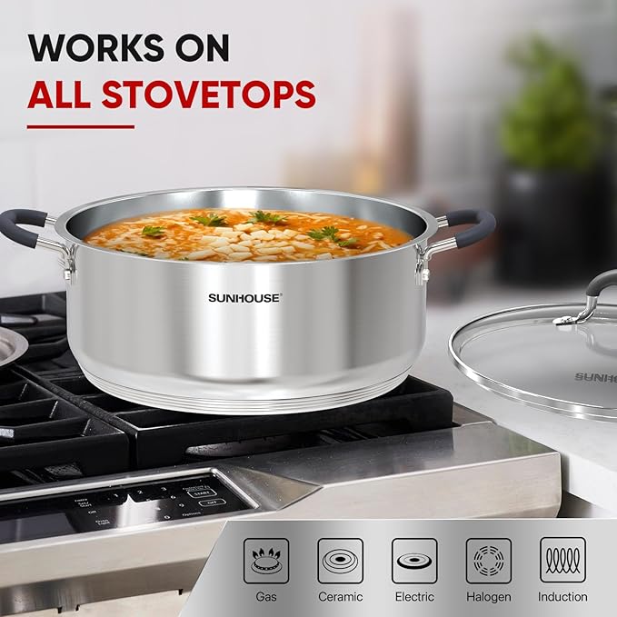 Sunhouse - 5.5 Quarts Steamer Pots With Lid 2-Tier Multipurpose Stainless Steel Steaming Pot Cookware For Vegetable, Dumpling, Sauce, Food - Triple Bottom, Measurement Line