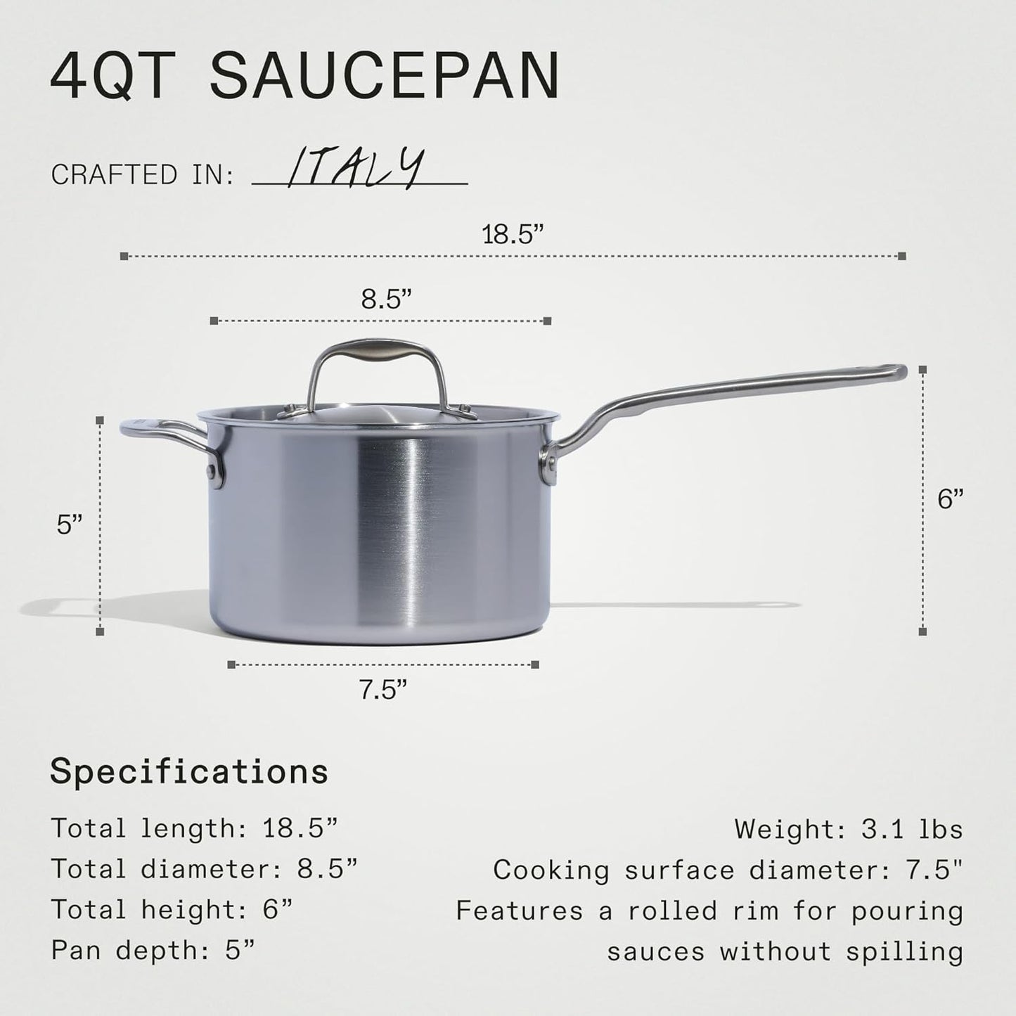 Made In Cookware - 4 Quart Stainless Steel Saucepan with Lid - 5 Ply Stainless Clad Sauce Pan - Professional Cookware - Crafted in Italy - Induction Compatible