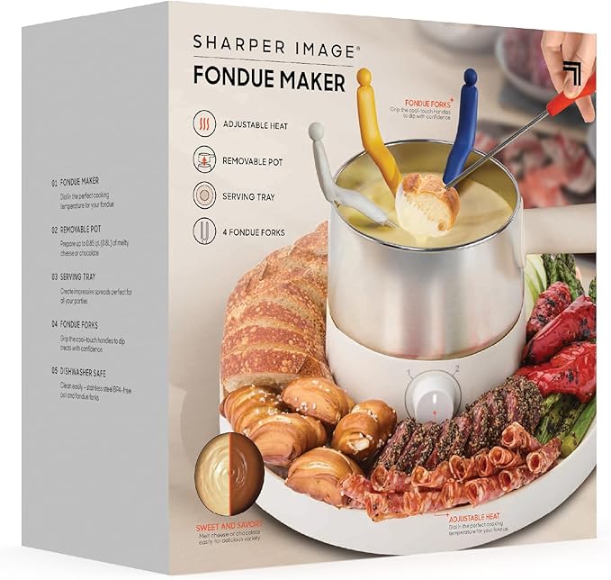 Sharper Image® Fondue Set – Electric Fondue Pot, Adjustable Heat, BPA-Free Stainless Steel, Cheese & Chocolate Fountain, Housewarming & Wedding Gift, Home Essentials Kitchen Gadgets, Mini Appliances