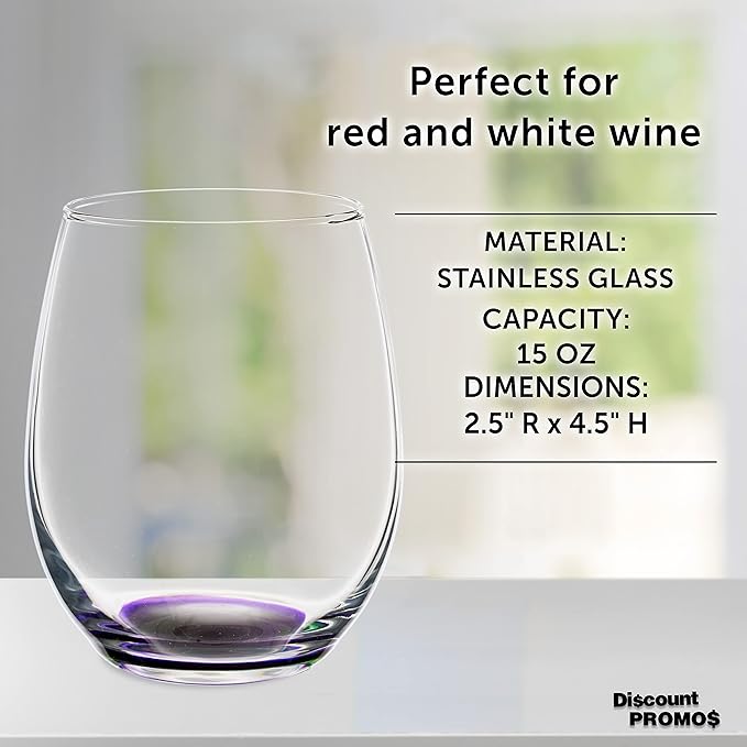 DISCOUNT PROMOS Stemless Wine Glasses in Bulk by ARC Perfection, 15 oz, 10 Pack, Purple or White Wine Glass Set, Purple