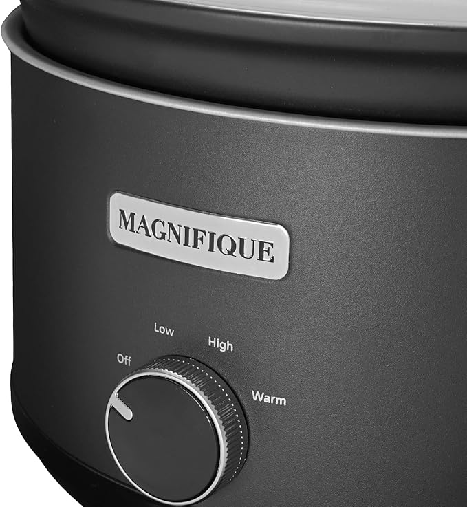 Magnifique 5 Quart Slow Cooker Round Manual Pot Food Warmer with 3 Cooking Settings Perfect Kitchen Small Appliance for Family Dinners (Stainless Steel Black and Black Ceramic Pot)