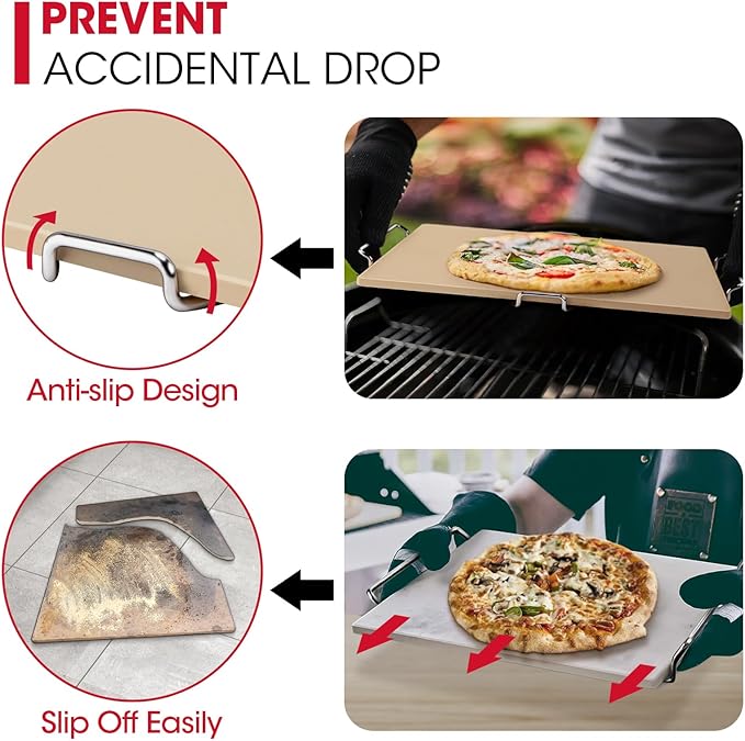 Unicook Pizza Stone for Oven and Grill, 15 x 12 Inch Rectangular Baking Stone for Bread, Cordierite Pizza Pan for Baking Crispy Bread, Pie and Cookies, Includes Carry Rack and Dough Scraper
