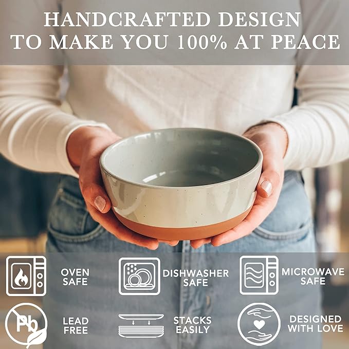 Mora Ceramic Flat Bowls Set of 4-25 oz- For Soup, Salad, Rice, Cereal, Breakfast, Dinner, Serving, Oatmeal, etc - Microwave, Dishwasher and Oven Safe Porcelain Bowl for Eating and Kitchen- Earl Grey