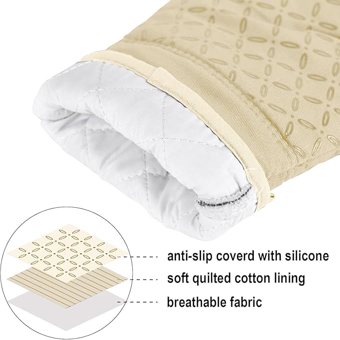 KEGOUU Oven Mitts and Pot Holders 6pcs Set, Kitchen Oven Glove High Heat Resistant 500 Degree Extra Long Oven Mitts and Potholder with Non-Slip Silicone Surface for Cooking (Beige)