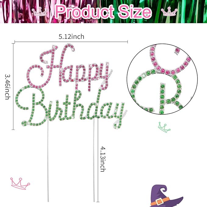 Happy Birthday Cake Topper Pink & Green Rhinestones Wicked Themed Cake Topper for Birthday Party Decorations