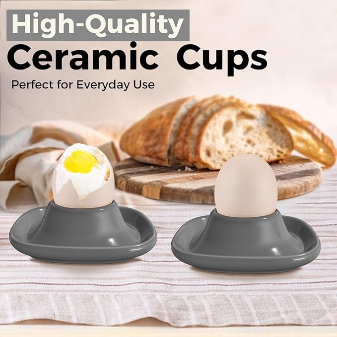 Flexzion Egg Cups for Soft Boiled Eggs - Set of 6 Ceramic Egg Holder - Stackable Egg Coddler Cups with Base for Serving, Breakfast, Brunch - Kitchen Table Decor, Gray