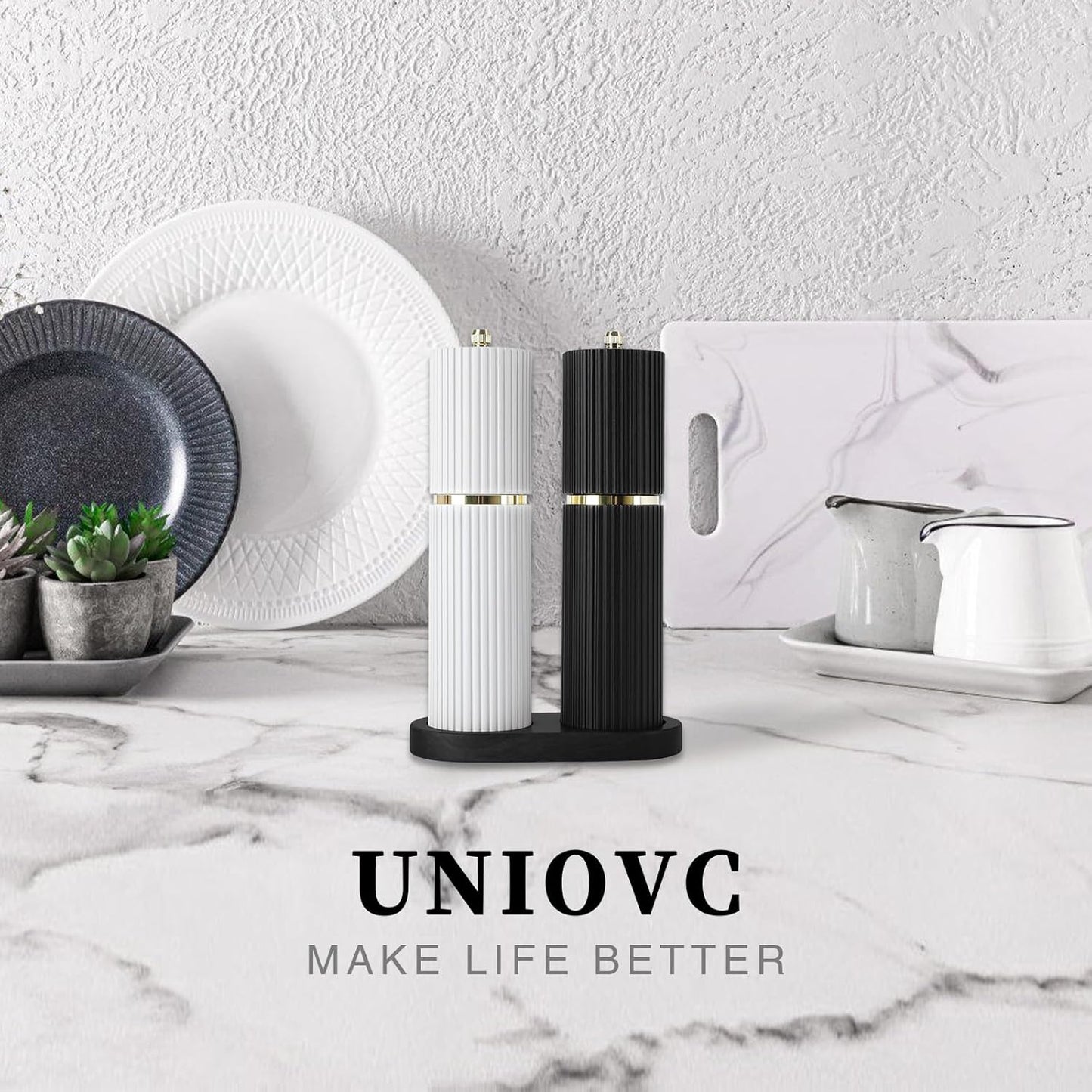 Wooden Salt and Pepper Grinder Set with Gold Accents, Refillable Salt and Pepper grinder with adjustable Coarseness, Pepper Mill Manual,Salt and Pepper Shakers With Tray-Ideal for Gifting