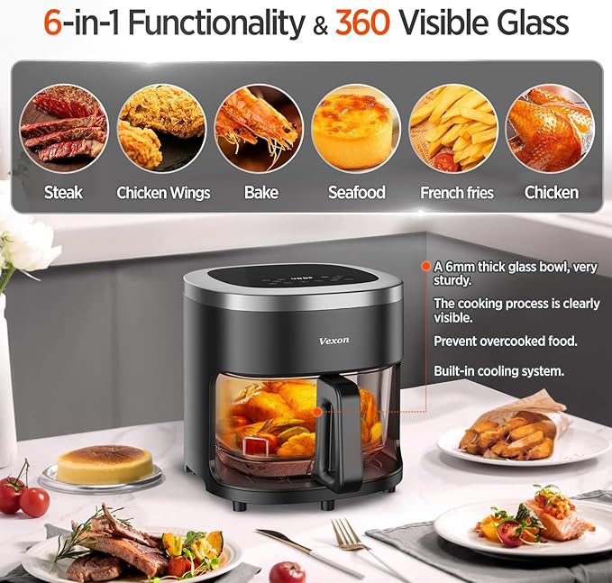 Glass Air Fryer,4.5QT Air Fryer with Viewing Glass Pot, Air Fry, Roast, Reheat, Dehydrate, Air Crisp Technology,Nonstick & Dishwasher Safe Basket,97% Less Oil,Features Digital Timer