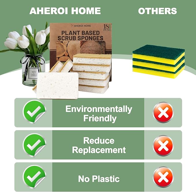 Aheroi Natural Dish Sponge, 18 Count Plant-Based Biodegradable Kitchen Sponges for Dishes, Compostable Eco Friendly Sponges, Organic Cleaning Sponge Dish Scrubber Products for Household, Non Scratch