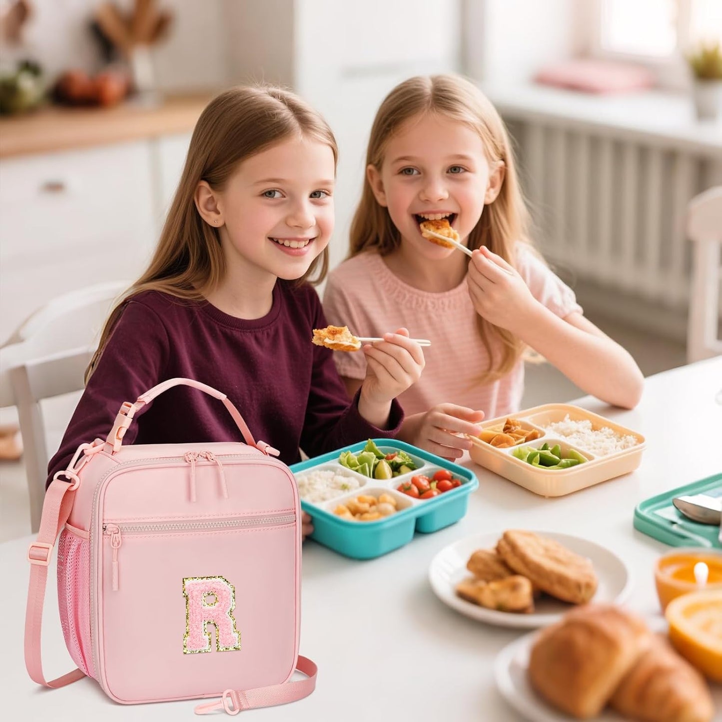 Initial Insulated Lunch Bag for Girls Kids, Back to School Gift, Reusable Leak-proof Lunch Box with Adjustable Strap for School Daycare Travel Picnic (Pink,R)