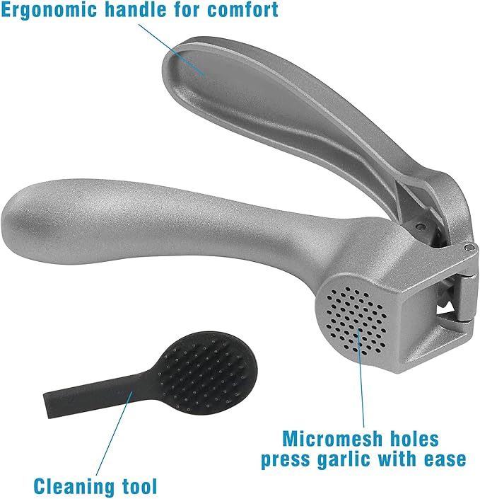 Garlic Press, Garlic Mincer Easy-squeeze Ergonomic Handle, Rust Proof, No Need To Peel, Professional Ginger Press & Garlic Crusher with Handy Cleaning Brush- Dishwasher Safe