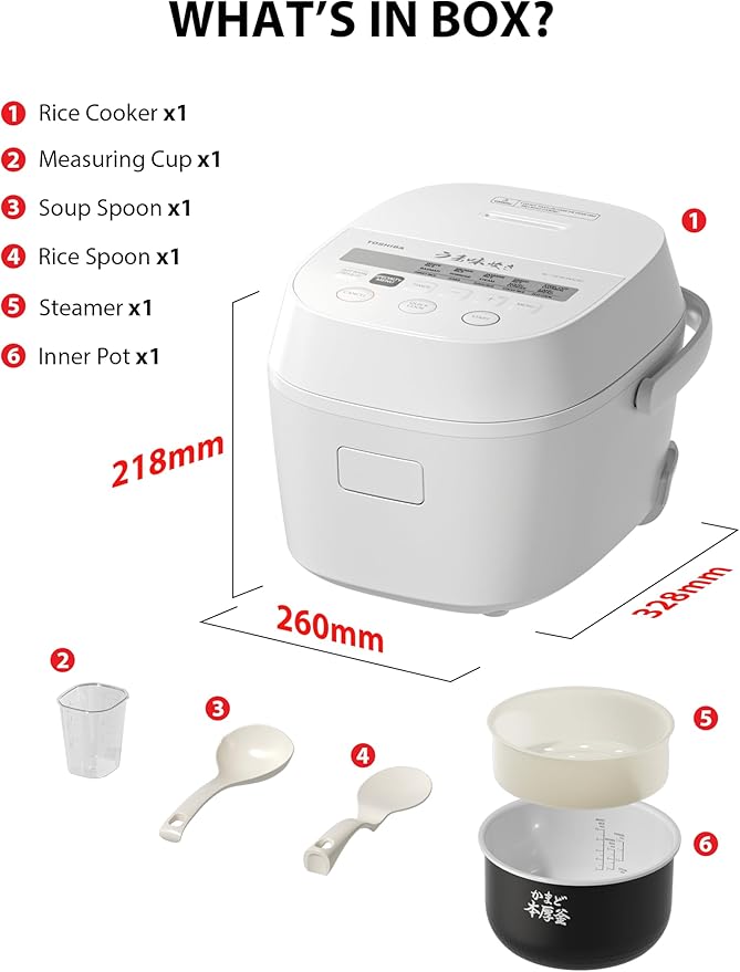 TOSHIBA Umami Smart Rice Cooker 5.5-Cup Uncooked, Fuzzy Logic, 15-in-1 Functions, Digital Display, Delay Timer, Keep Warm, Nonstick Inner Pot, White