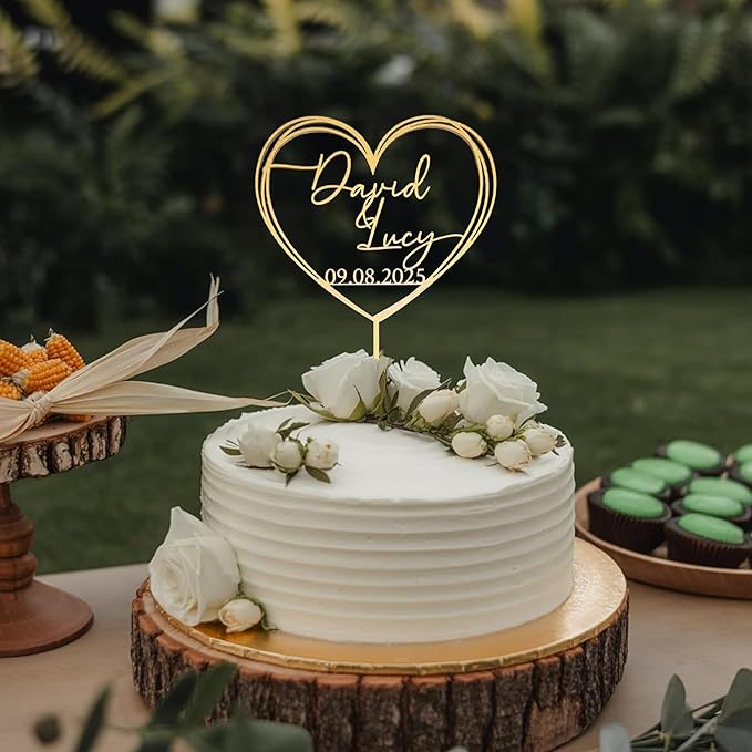 Personalized Wedding Cake Topper, Gold Cake Topper For Wedding, Rustic Weddings Cakes Topper, Personalized Acrylic or Wood Cake Decoration for Engagement, Anniversary, Bridal Shower 2