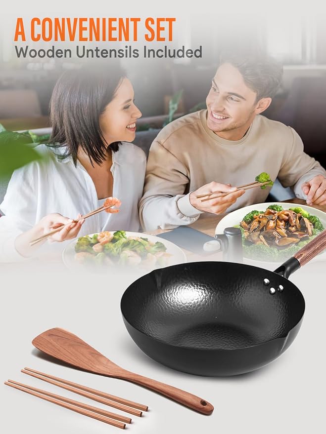 Carbon Steel Wok Pan, 5 Piece Authentic Chinese Wok & Stir-Fry Pans Set with Wooden Lid, No Chemical Coated Flat Bottom Chinese Woks Pan for All Stoves-13“