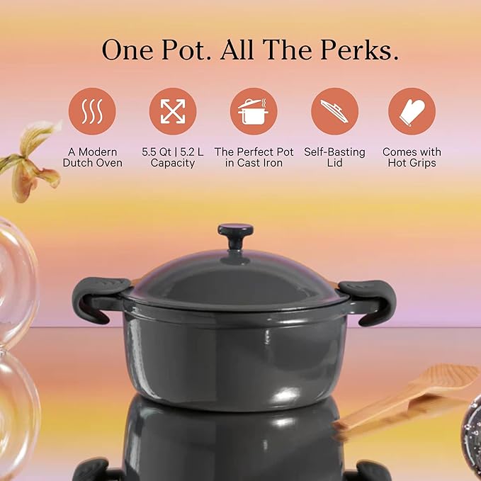 Our Place Cast Iron Perfect Pot | 6-in-1 Multifunctional 5.5 Qt. Toxin-Free Enameled Dutch Oven with Self-Basting Lid | Hot Grips & Beechwood Scraper | Induction Cooktop and Oven Safe | Char