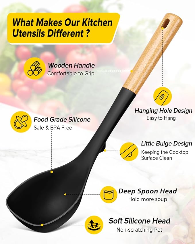 Silicone Soup Ladle and Spaghetti Spoon Set with Wooden Handle, Non Stick Heat Resistant Kitchen Utensils for Cooking, Stirring, Serving Pasta, Soup & Sauce(BLACK)