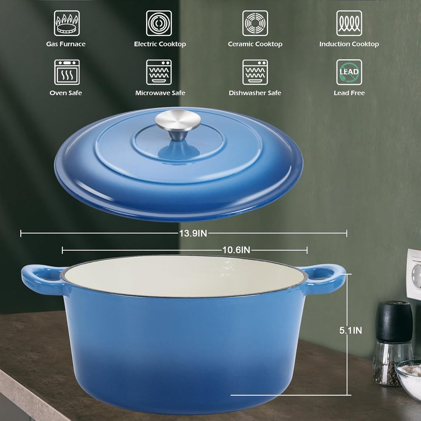 6 Quart Round Dutch Oven with Lid, Leonyo 6QT Enameled Cast Iron Dutch Oven for Sourdough Bread Baking, Heavy Duty Cookware for Braising, Stews, Roasting, Blue