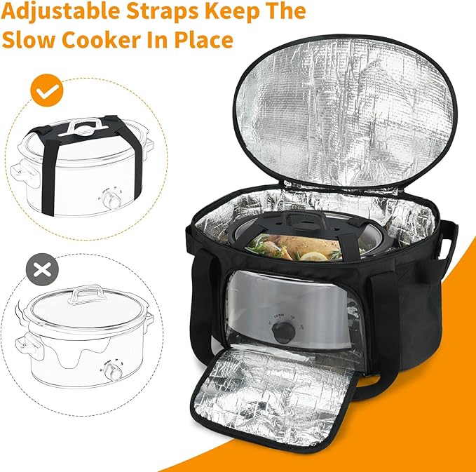 Slow Cooker Carrying Bag Compatible with 6-8 Quart CrockPot and Hamlton Beach,Double-Layer Insulated Carrier Case with Lid Fastener and See-through Window,Bag Only